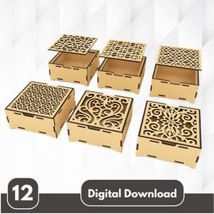12 Decorative Pattern Flip Up Lid Boxes SVG Bundle | Laser Cut Wooden Box Set | Hinged Lid Storage Gift Boxes | CNC Glowforge Cricut Files