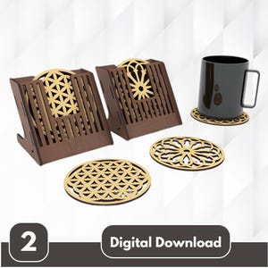 May include: Wooden coaster set with two brown holders and three decorative coasters. The coasters and holders feature intricate geometric cutouts. A black mug sits on one of the coasters. The image includes the text "2" and "Digital Download".