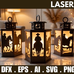 Cowboylykta SVG | Western Horse Rider Light Box Shadow Lantern 3D Pappersskuren Laser CNC-fil | Rustik inredning