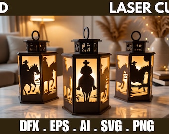 Cowboylantaarn SVG | Western Horse Rider Light Box Shadow Lantern 3D-papier gesneden laser-CNC-bestand | Rustiek decor
