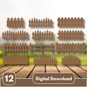 Może przedstawiać: Kolekcja 12 drewnianych wzorów ogrodzeń w różnych stylach, w tym ogrodzenia sztachetowe i balustrady. Ogrodzenia są w kolorze jasnobrązowym i ułożone na drewnianej powierzchni. Wyświetlany jest tekst "Digital Download".