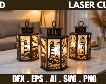 Farola 3D SVG, lámpara costera cortada con láser, caja de luz náutica DXF EPS AI PNG