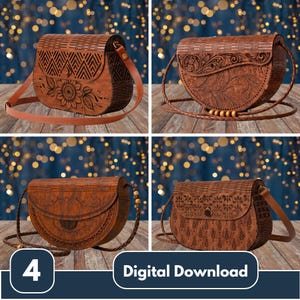 May include: Four wooden handbags with intricate carved designs and brown leather straps are displayed. The bags feature floral and geometric patterns. The image includes the text "Digital Download" and the number "4".