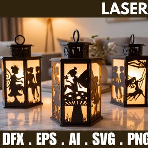 May include: Three laser-cut lanterns with fairy silhouettes, each with a handle and a warm, glowing interior. The lanterns are black and sit on a white surface. The text "3D" and "LASER CUT" are at the top. The bottom text says "DFX . EPS . AI . SVG . PNG".
