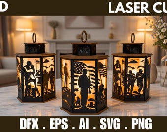 Pakiet 3D Laser Cut Soldier Lantern SVG, Military Shadow Box Light, pliki dekoracyjne Veteran Memorial Decor DXF EPS ai png Cricut