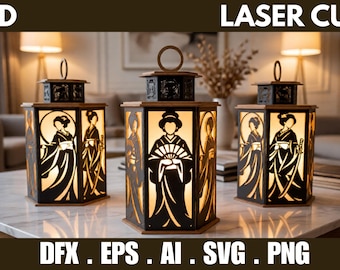 Lanterna giapponese 3D svg, lampada geisha tagliata al laser, luce a scatola d'ombra asiatica dxf eps ai png
