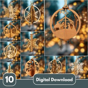 Pacchetto SVG di ornamenti natalizi 3D / File tagliati al laser per Glowforge, Cricut, Silhouette / Disegni a strati di fiocchi di neve, angeli e natività
