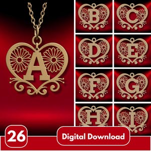 May include: A gold-colored pendant necklace with a heart-shaped design, featuring the letter "A" in the center. The pendant is adorned with floral and scrollwork details. Additional pendants with letters B through I are also shown. The image includes the text "Digital Download".