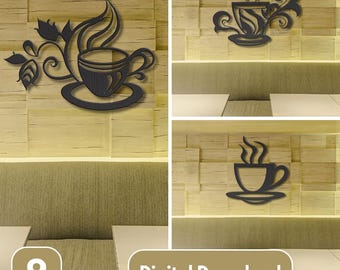 Coffee Cup Wall Art SVG, Cafe Decor Laser Cut File, Coffee Mug Silhouette SVG for CNC & Glowforge, Kitchen Wall Decor Template,