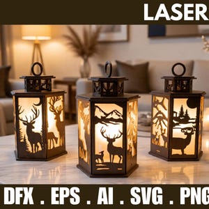 May include: Three laser-cut lanterns with deer and mountain silhouettes. The lanterns are dark brown and have a warm, glowing light inside. The text "3D" and "LASER CUT" are at the top, and "DFX . EPS . AI . SVG . PNG" at the bottom.