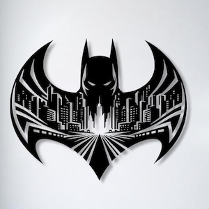 May include: Black metal Batman logo wall art. The logo features the iconic bat symbol with a cityscape design within the wings. The artwork is mounted on a white wall, adding a modern touch to the room's decor.