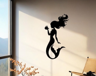 Arte de pared con silueta de sirena para sala de estar / Elegante decoración costera de sirena, colgante de pared de metal negro con diseño de océano