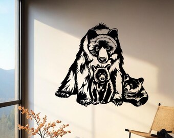 Mutterbär und Jungen Metallwandkunst, schwarze Wildtier-Silhouette-Wanddekoration für Wohnzimmer, rustikale Berghütten-Familiengeschenk