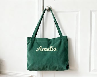 Embroidered Corduroy Tote Bag, Personalized Name Gift