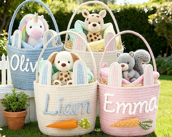 Personalized Easter Basket - Embroidered Name, Cotton Cord Bunny Basket