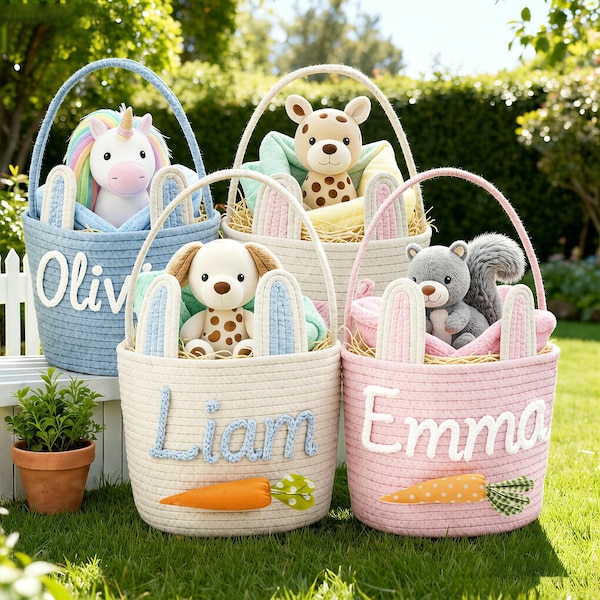 Personalized Easter Basket - Embroidered Name, Cotton Cord Bunny Basket