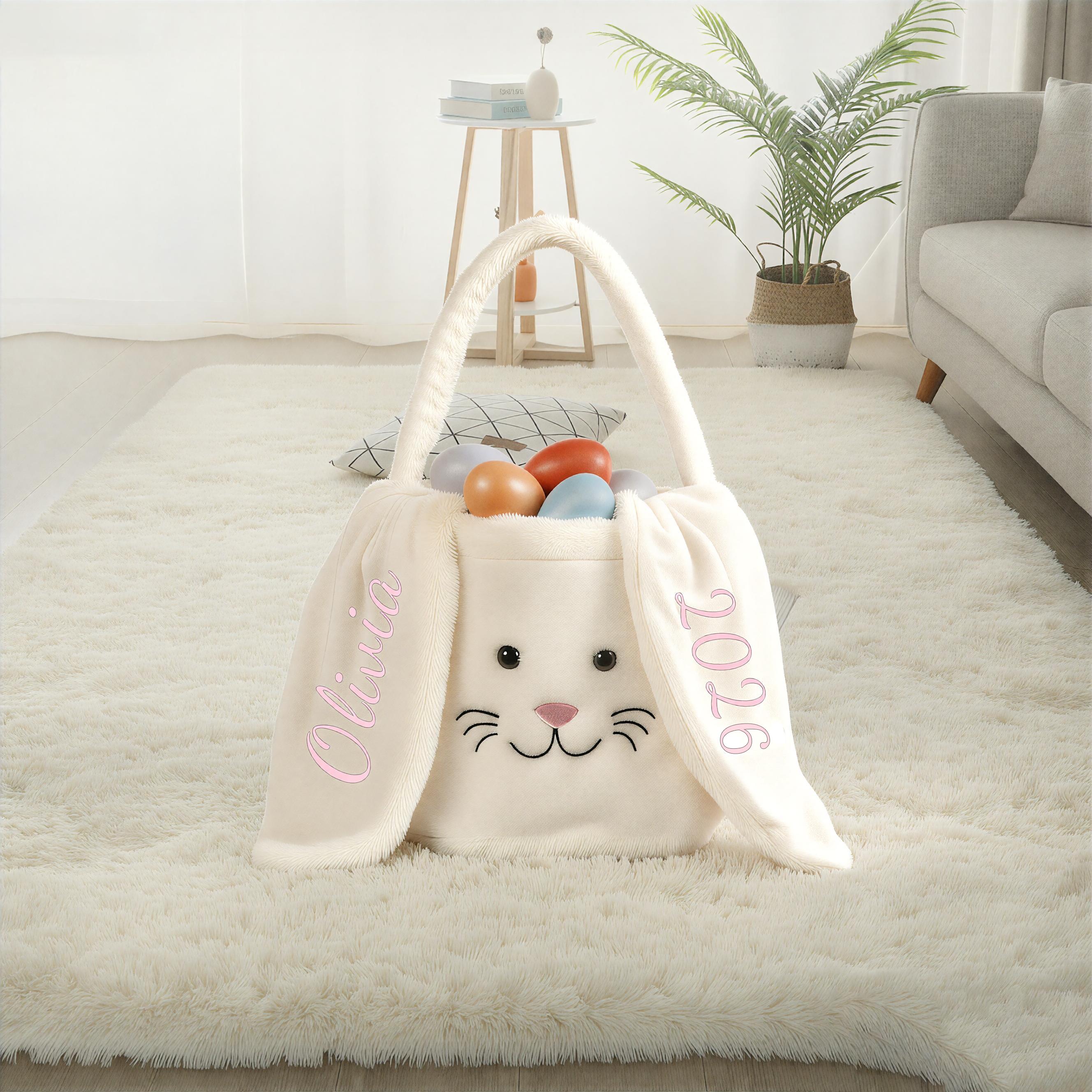 Discover Personalized Plush Easter Bunny Basket, Custom Name Embroidered Ear, Kids Egg Hunt Bag