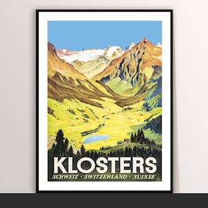 May include: Vintage travel poster of Klosters, Switzerland, featuring a scenic mountain landscape. The poster displays a valley with a lake, surrounded by green and yellow hills, and towering brown and tan mountains under a blue sky. The word "Klosters" is prominently displayed.