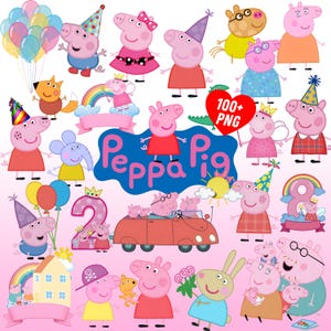 May include: A digital image featuring multiple Peppa Pig characters in various poses. The image includes Peppa Pig, party hats, dresses, balloons, rainbows, and a car. The text "100+ PNG" is visible. The background is a light pink color.