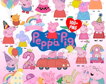 ペッパピッグのPNG画像100点以上、漫画キャラクター、子供向け誕生日シャツデザイン（デジタルダウンロード）