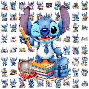 Könnte beinhalten: Eine Aquarellillustration mit Stitch aus Lilo & Stitch, der einen Bleistift hält und von schulischen Elementen umgeben ist. Das Bild enthält Bücherstapel, einen Rucksack und den Text "First Day of School".