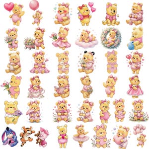 May include: A collection of thirty-five illustrations featuring a yellow bear character in various poses, often wearing pink clothing or accessories. The character interacts with items like pink balloons, hearts, flowers, books, and honey pots.