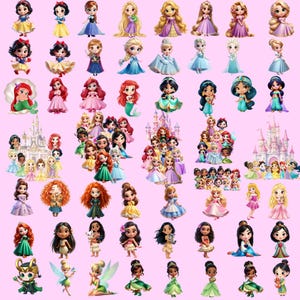 Pode incluir: Uma coleção de bonecas princesas em estilo cartoon em várias poses e roupas, em um fundo rosa. As bonecas apresentam uma variedade de tons de pele, cores de cabelo e estilos de vestidos, incluindo vestidos de princesa clássicos e roupas mais modernas.