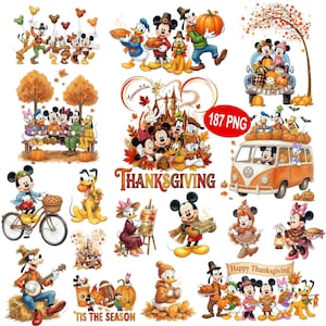 May include: A collection of digital illustrations featuring Disney characters like Mickey Mouse, Minnie Mouse, Donald Duck, and Goofy in various Thanksgiving and autumn-themed scenes, including pumpkins, fall foliage, and the text Thanksgiving.