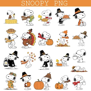 Könnte beinhalten: Eine Sammlung von Snoopy PNG-Illustrationen, die den Charakter in verschiedenen herbstlichen und Thanksgiving-Outfits und Aktivitäten zeigen, wie das Halten von Kürbissen, das Tragen von Pilgerhüten und das Essen von Kuchen, mit dem Text SNOOPY PNG oben.