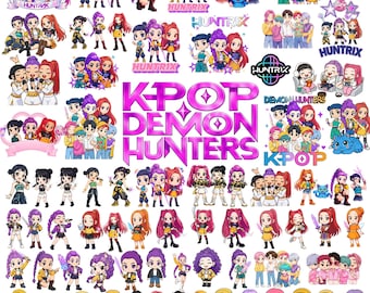 K-Pop Chibi PNG Bundle, KPop Huntrix Png Bundle Demon Hunters Png Saja Girls Boys PNG Girl Dinner PNG KPop Idol Fan Art