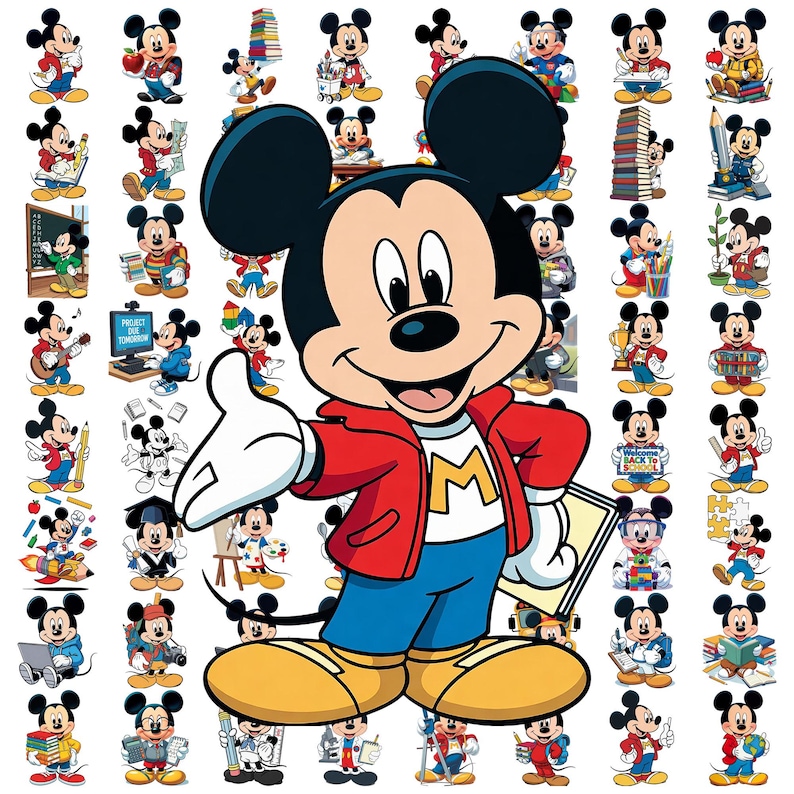 Op de afbeelding: Een levendige afbeelding met meerdere afbeeldingen van Mickey Mouse in verschillende poses. Mickey draagt een rode jas, een blauwe broek en gele schoenen. De afbeelding bevat Mickey met boeken, potloden en andere schoolgerelateerde items. De achtergrond is wit.