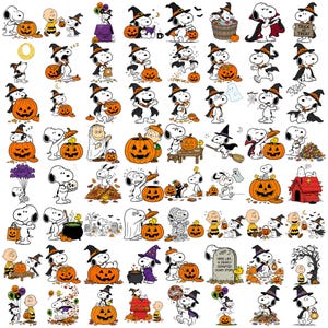May include: A collection of Peanuts comic strip illustrations featuring Snoopy, Charlie Brown, and Woodstock in various Halloween-themed scenes, including pumpkins, witch hats, capes, ghosts, gravestones, and candy, rendered in black, white, and orange.