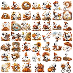 May include: A collection of forty-two individual illustrations featuring Snoopy and Woodstock in various autumn-themed scenes, including pumpkins, falling leaves, sunflowers, and seasonal activities like apple picking, reading, and cycling.