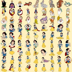 Puede incluir: Una colección de ilustraciones de dibujos animados con personajes del cuento de Blancanieves. La imagen incluye a Blancanieves, la Reina Malvada, los siete enanitos, el príncipe y varios animales del bosque, todos en colores vibrantes.