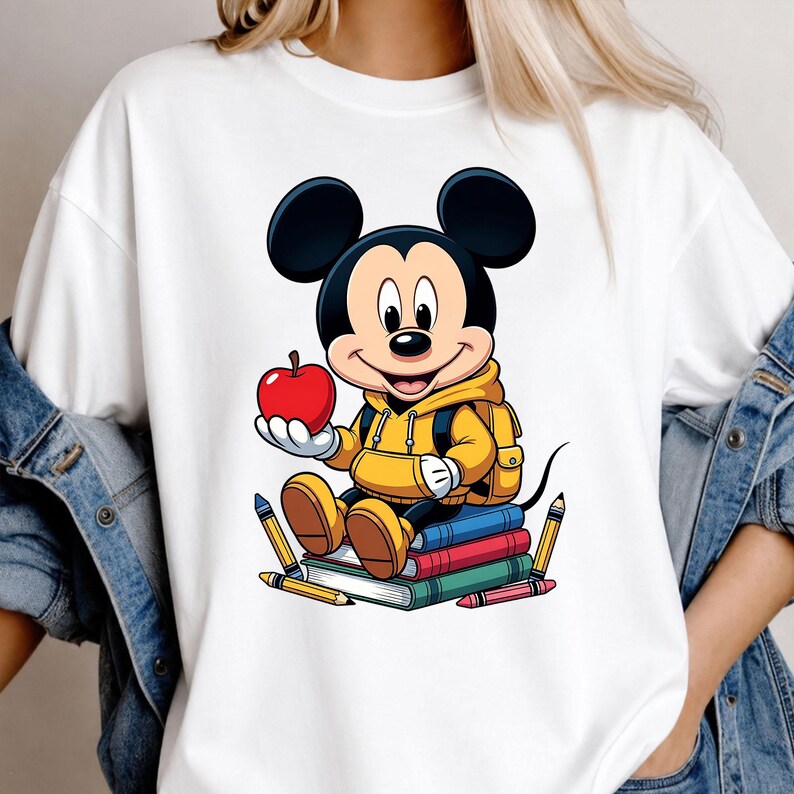 Op de afbeelding: Wit T-shirt met een cartoonontwerp van Mickey Mouse. Mickey draagt een gele hoodie en rugzak, houdt een rode appel vast en zit op een stapel boeken. Potloden en kleurpotloden zijn ook zichtbaar.