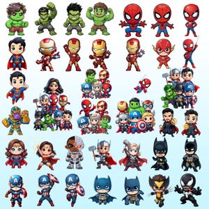 Op de afbeelding: Een verzameling cartoon superheldenfiguren, waaronder Hulk, Spider-Man, Iron Man, Superman, Batman en Captain America. De figuren zijn felgekleurd en gestileerd, met gedetailleerde kostuums en uitdrukkingen. De afbeelding toont een verscheidenheid aan personages uit de Marvel- en DC-universums.