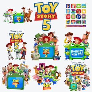 May include: A collection of Disney Pixar Toy Story 5 graphic designs featuring various characters including Woody, Buzz Lightyear, Jessie, and a green frog-shaped frame. The images include the Toy Story 5 logo and text, with vibrant colours and character illustrations.