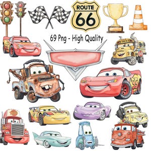 May include: Watercolor illustrations of various cartoon cars, including a red race car, a rusty tow truck, and a purple sports car. Other elements include a Route 66 sign, checkered flags, and a trophy. The text "69 Png - High Quality" is also present.