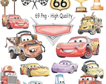 60+ auto's handgetekende aquarelbundel, Lightning Mcqueen aquarel png, auto's clipart, handgetekende aquarel mater, instant digitale download