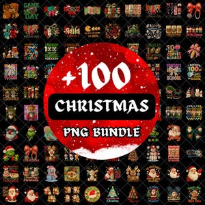 Könnte beinhalten: Eine Sammlung von über 100 PNG-Grafiken zum Thema Weihnachten. Das Bild zeigt eine Vielzahl von Designs, darunter Weihnachtsmänner, Rentiere und festlicher Text. Die zentrale Grafik lautet "+100 CHRISTMAS PNG BUNDLE" in weißem Text auf rotem Hintergrund.