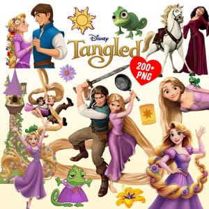 Könnte beinhalten: Eine Sammlung von Disney Tangled PNG-Bildern mit Rapunzel, Flynn Rider, Pascal, Maximus und anderen Charakteren. Die Bilder zeigen Szenen aus dem Film, wie Rapunzel mit ihrem langen goldenen Haar und das Tangled-Logo.