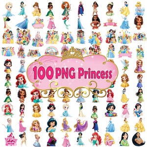 May include: A collection of 100 PNG princess images in various poses and outfits. The princesses are depicted in a variety of colors, including blue, yellow, pink, and green. The text "100 PNG Princess" is displayed in a pink banner.