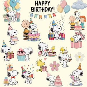 May include: A collection of Snoopy and Woodstock illustrations celebrating a birthday. The image features Snoopy with party hats, gifts, balloons, and cakes. The words "HAPPY BIRTHDAY!" are at the top.