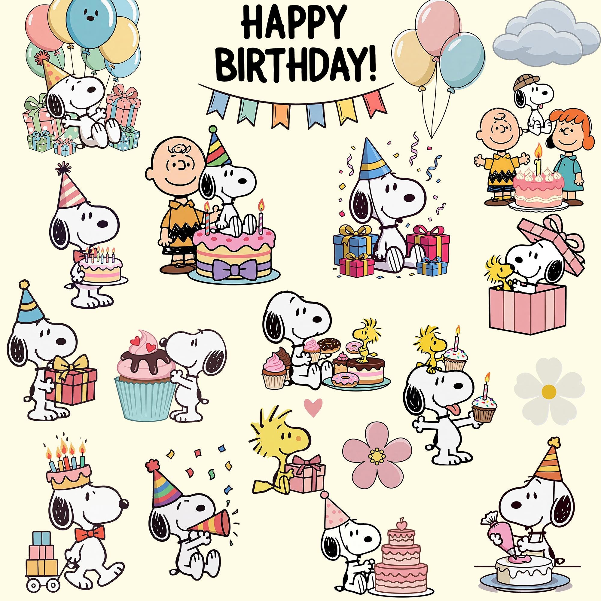 4000px 75 PNG Snoopy Birthday Clipart PNG Bundle, Birthday Cake Topper