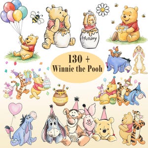 May include: A collection of watercolour illustrations featuring Winnie the Pooh and his friends. The image includes Pooh with balloons, honey pots, and with Tigger, Piglet, Eeyore, and Rabbit. The text "130+ Winnie the Pooh" is in the centre.
