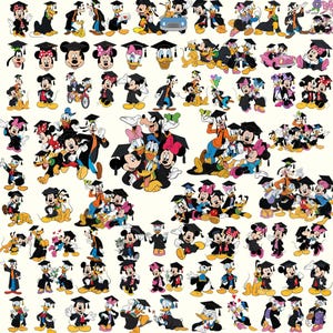 Puede incluir: Una colección de ilustraciones de personajes de dibujos animados, incluyendo Mickey Mouse, Minnie Mouse, Donald Duck y Goofy, todos con birretes y togas de graduación. Los personajes están en varias poses, algunos sosteniendo diplomas o ramos.