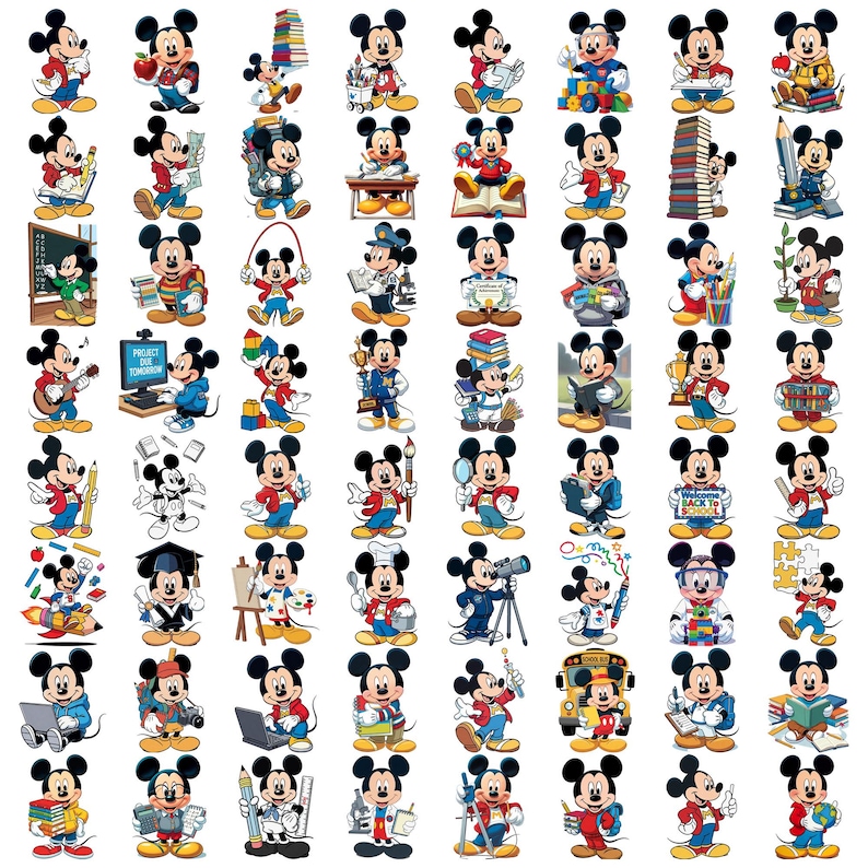 Op de afbeelding: Een verzameling illustraties van Mickey Mouse-personages in verschillende poses en outfits. Mickey wordt afgebeeld met boeken, potloden en andere schoolgerelateerde items, evenals in verschillende beroepen. De illustraties zijn kleurrijk en gedetailleerd.