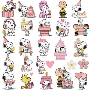 May include: A collection of Snoopy and Woodstock illustrations in various poses. Snoopy is shown with party hats, gifts, cakes, and hearts. Woodstock is also featured in several scenes. The color palette includes pink, yellow, and white.