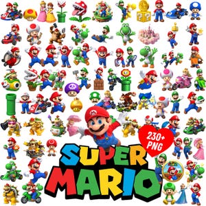 May include: A collection of Super Mario Bros. characters and elements, including Mario, Luigi, Princess Peach, Yoshi, and various power-ups. The image includes the text "230+ PNG" and the Super Mario logo.