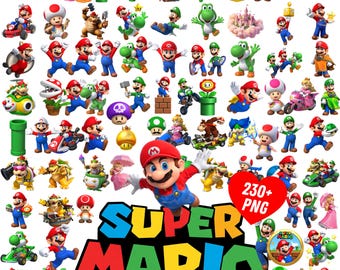 Paquete de más de 230 imágenes prediseñadas PNG de Super Mario, imágenes prediseñadas de Mario y sus amigos, imágenes PNG de la Princesa Peach, imágenes PNG de Luigi, imágenes PNG de Mario, imágenes PNG de Mario Kart, decoración para fiestas